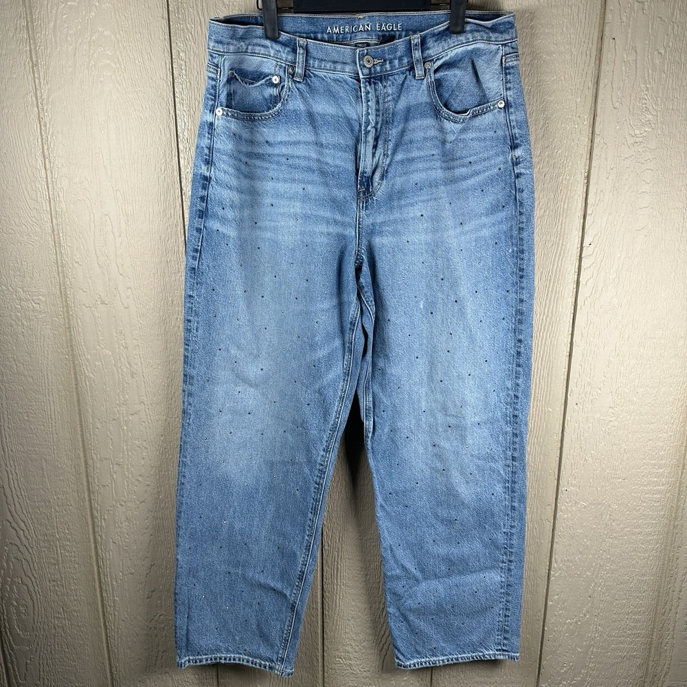 American Eagle Baggy Straight Jeans Womens 14 Blue Studded Super High Rise Denim